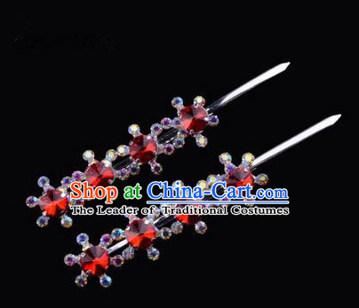 Chinese Ancient Peking Opera Hair Accessories Young Lady Diva Head Ornaments, Traditional Chinese Beijing Opera Hua Tan Red Colorful Crystal Four Beads Hairpins