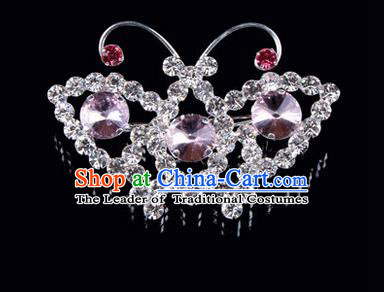 Chinese Ancient Peking Opera Jewelry Accessories Young Lady Diva Butterfly Brooch, Traditional Chinese Beijing Opera Hua Tan Pink Crystal Breastpin