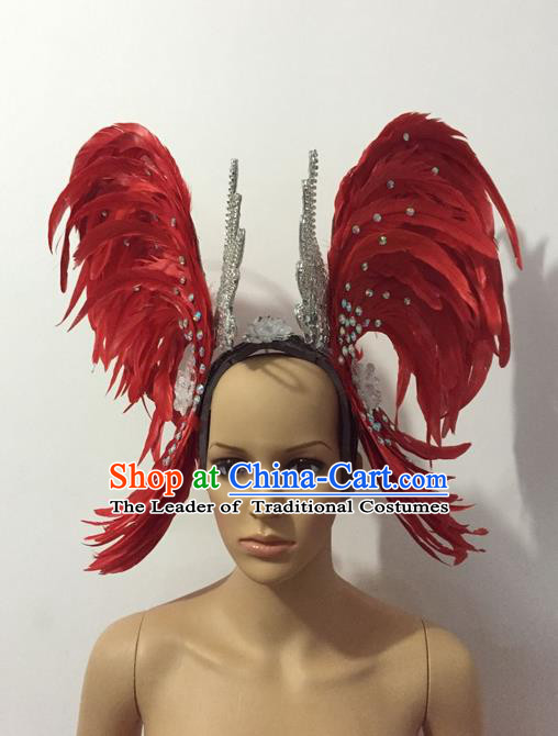 Top Grade Professional Stage Show Halloween Parade Red Feather Brazilian Rio Carnival Parade Samba Dance Exaggerated Hair Accessories Headpiece for Women