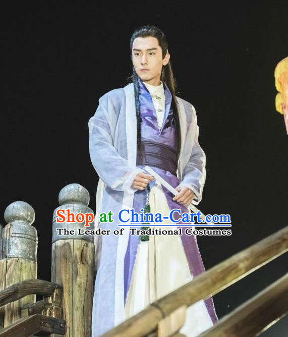 Traditional Ancient Chinese Scholar Costume, A Life Time Love Chinese Nobility Childe Clothing and Handmade Headpiece Complete Set for Men