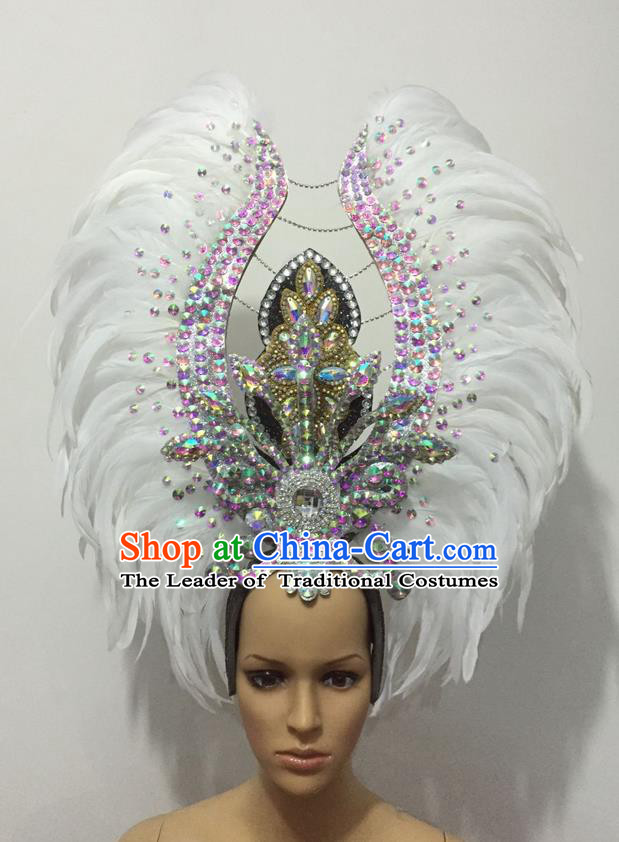 Top Grade Professional Stage Show Halloween Parade Exaggerated White Feather Hair Accessories, Brazilian Rio Carnival Samba Dance Headwear for Women