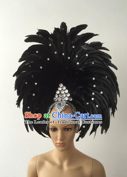 Top Grade Professional Stage Show Halloween Parade Black Feather Deluxe Hair Accessories, Brazilian Rio Carnival Samba Dance Modern Fancywork Headwear for Women