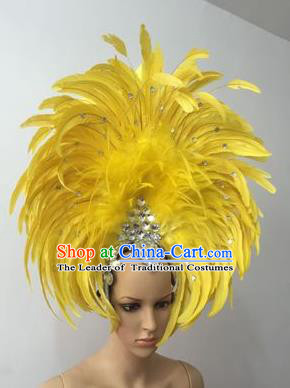 Top Grade Professional Stage Show Halloween Parade Yellow Feather Deluxe Hair Accessories, Brazilian Rio Carnival Samba Dance Modern Fancywork Headwear for Women