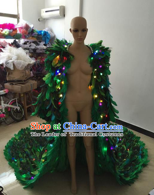 Top Grade Professional Performance Catwalks Bikini Peacock Led Light Costume, Traditional Brazilian Rio Carnival Samba Modern Fancywork Green Feather Cloak for Kids