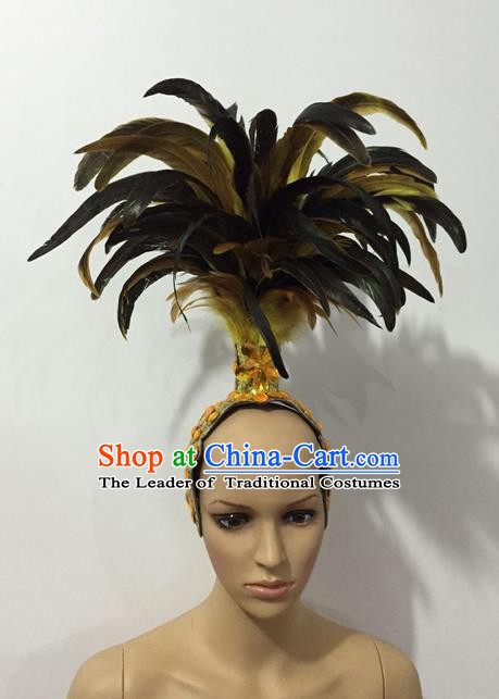 Top Grade Professional Stage Show Halloween Parade Yellow Feather Headwear, Brazilian Rio Carnival Samba Dance Modern Fancywork Hair Accessories Headpiece for Women