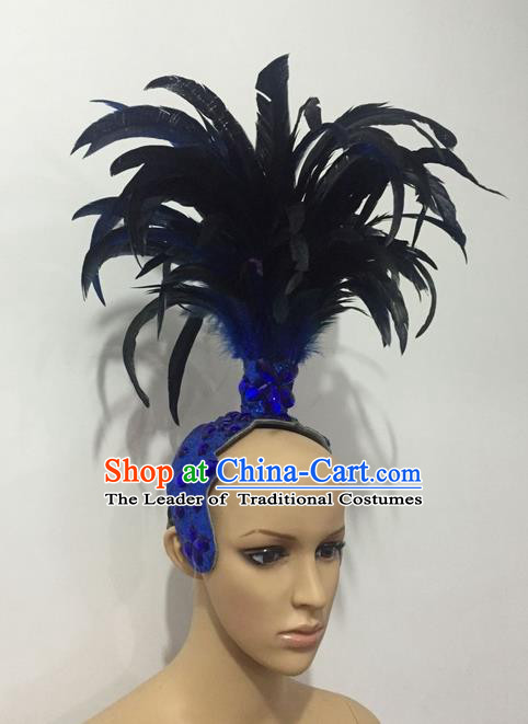 Top Grade Professional Stage Show Halloween Parade Feather Blue Crystal Headwear, Brazilian Rio Carnival Samba Dance Modern Fancywork Hair Accessories Headpiece for Women