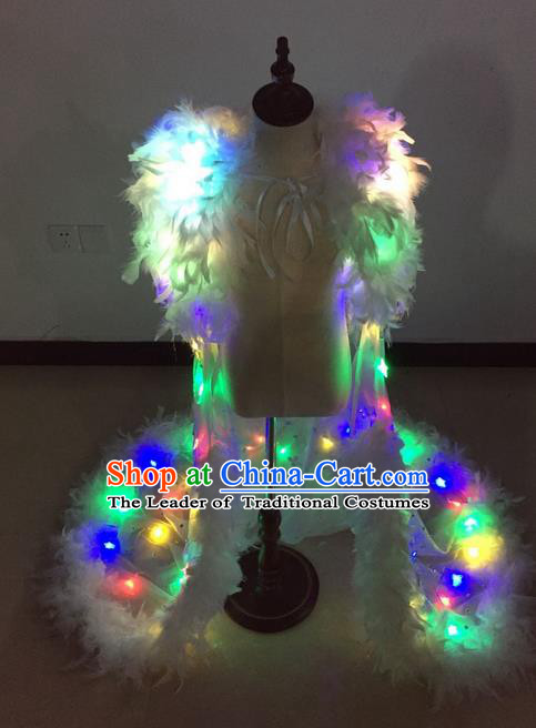 Top Grade Professional Performance Catwalks Bikini Led Light Costume, Traditional Brazilian Rio Carnival Samba Modern Fancywork White Feather Swimsuit Clothing for Kids