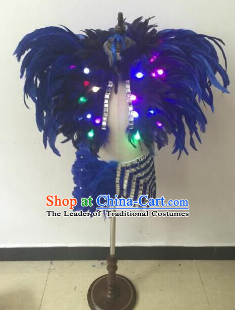 Top Grade Professional Performance Catwalks Bikini Costume, Traditional Brazilian Rio Carnival Samba Modern Fancywork Blue Feather Swimsuit Led Light Clothing for Kids