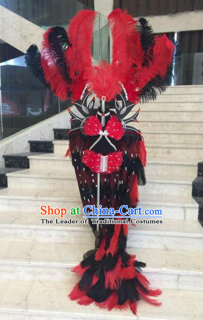 Top Grade Professional Performance Catwalks Bikini Costume and Headwear, Traditional Brazilian Rio Carnival Samba Modern Fancywork Red Feather Swimsuit Clothing for Kids