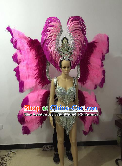 Top Grade Professional Performance Catwalks Bikini Butterfly Wings Costume and Headpiece, Traditional Brazilian Rio Carnival Samba Modern Fancywork Pink Feather Swimsuit for Women