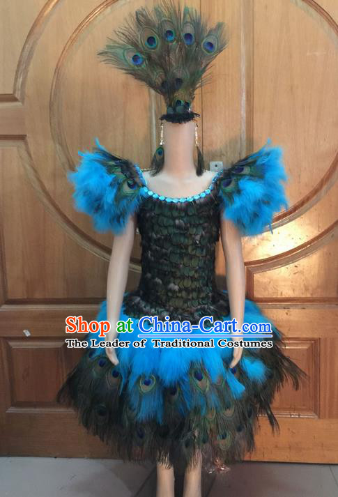 Top Grade Professional Performance Catwalks Dress Clothing, Traditional Brazilian Rio Carnival Samba Modern Fancywork Blue Costume for Women