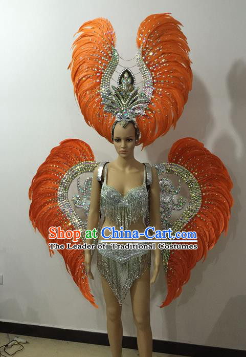Top Grade Professional Performance Catwalks Orange Feather Bikini and Deluxe Wings Headpiece, Traditional Brazilian Rio Carnival Samba Modern Fancywork Swimsuit Costume for Women