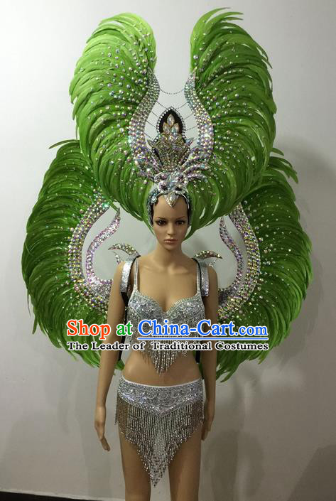 Top Grade Professional Performance Catwalks Green Feather Bikini and Deluxe Wings Headpiece, Traditional Brazilian Rio Carnival Samba Modern Fancywork Swimsuit Costume for Women