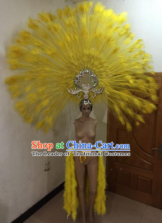 Top Grade Professional Performance Catwalks Costume and Yellow Feather Headwear, Traditional Brazilian Rio Carnival Samba Dance Modern Fancywork Clothing for Women