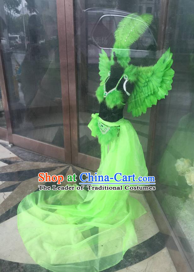 Top Grade Professional Performance Catwalks Costume Green Feather Bikini with Wings, Traditional Brazilian Rio Carnival Samba Dance Modern Fancywork Swimsuit Clothing for Kids