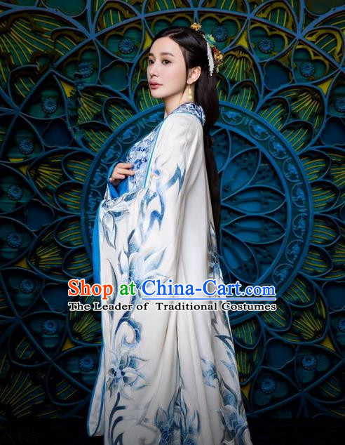Traditional Ancient Chinese Imperial Princess Costume and Handmade Headpiece Complete Set, Elegant Hanfu Chinese Southern and Northern Dynasty Young Lady Embroidered Trailing Clothing