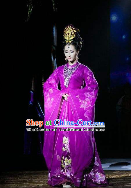 Traditional Ancient Chinese Imperial Queen Costume and Handmade Headpiece Complete Set, Elegant Hanfu Chinese Southern and Northern Dynasty Imperial Consort Embroidered Trailing Clothing