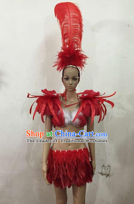 Top Grade Professional Performance Catwalks Costume Red Feather Bikini, Traditional Brazilian Rio Carnival Samba Dance Modern Fancywork Swimsuit Clothing for Women