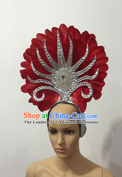 Top Grade Professional Stage Show Halloween Parade Red Feather Hair Accessories, Brazilian Rio Carnival Samba Dance Modern Fancywork Decorations Headpiece for Women