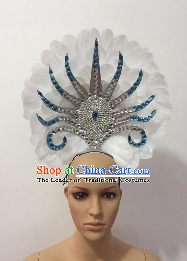 Top Grade Professional Stage Show Halloween Parade Feather Hair Accessories, Brazilian Rio Carnival Samba Dance Modern Fancywork Decorations Blue Headpiece for Women