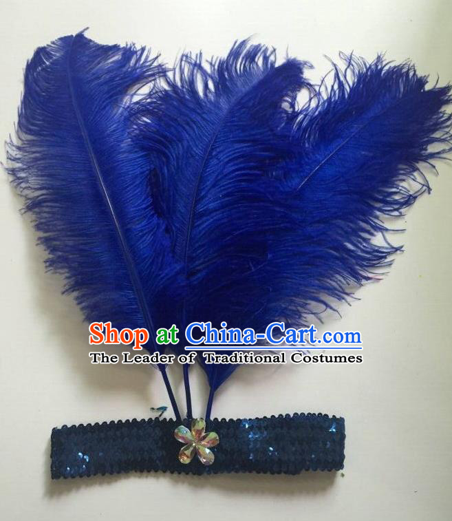 Top Grade Professional Stage Show Halloween Parade Royalblue Ostrich Feather Hair Accessories, Brazilian Rio Carnival Samba Dance Modern Fancywork Headwear for Women