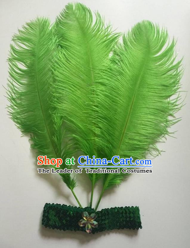 Top Grade Professional Stage Show Halloween Parade Green Ostrich Feather Hair Accessories, Brazilian Rio Carnival Samba Dance Modern Fancywork Headwear for Women