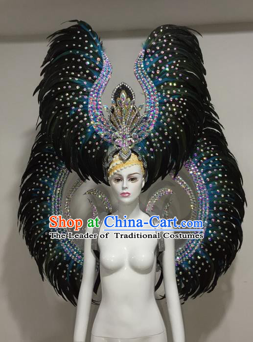 Top Grade Professional Stage Show Halloween Parade Blue Feather Wings and Hair Accessories, Brazilian Rio Carnival Samba Dance Modern Fancywork Decorations Props for Women