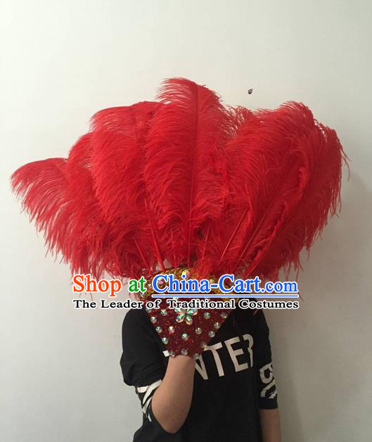 Top Grade Professional Stage Show Halloween Parade Red Feather Big Hair Accessories, Brazilian Rio Carnival Samba Dance Modern Fancywork Headdress for Women