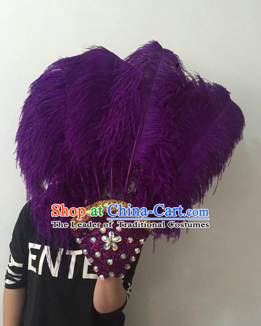 Top Grade Professional Stage Show Halloween Parade Purple Feather Big Hair Accessories, Brazilian Rio Carnival Samba Dance Modern Fancywork Headdress for Women