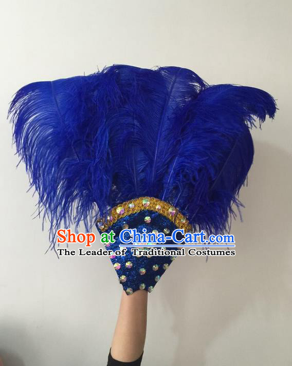 Top Grade Professional Stage Show Halloween Parade Royalblue Feather Big Hair Accessories, Brazilian Rio Carnival Samba Dance Modern Fancywork Headdress for Women