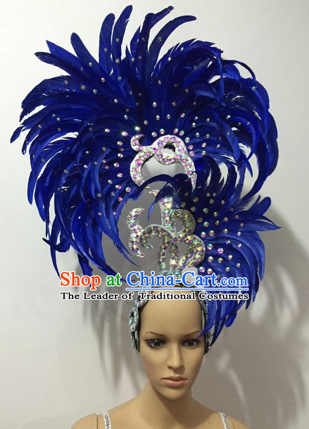 Top Grade Professional Stage Show Halloween Parade Big Hair Accessories, Brazilian Rio Carnival Samba Dance Modern Fancywork Blue Feather Giant Headpiece for Kids