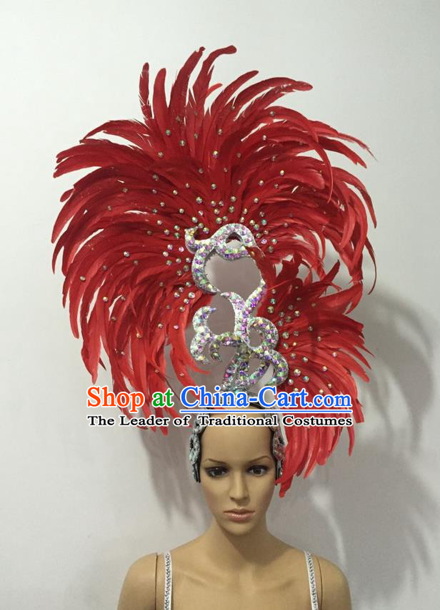 Top Grade Professional Stage Show Halloween Parade Big Hair Accessories, Brazilian Rio Carnival Samba Dance Modern Fancywork Red Feather Giant Headpiece for Kids