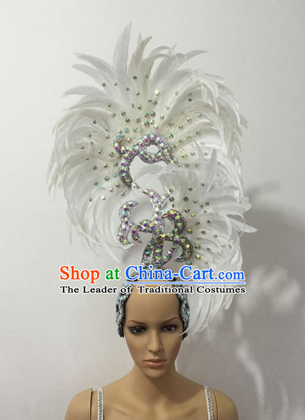 Top Grade Professional Stage Show Halloween Parade Big Hair Accessories, Brazilian Rio Carnival Samba Dance Modern Fancywork White Feather Giant Headpiece for Kids