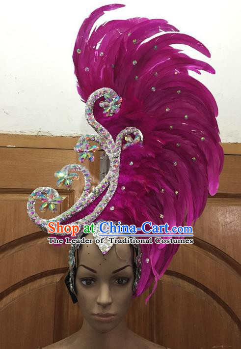 Top Grade Brazilian Rio Carnival Samba Dance Hair Accessories, Halloween Parade Giant Rosy Feather Headpiece for Women