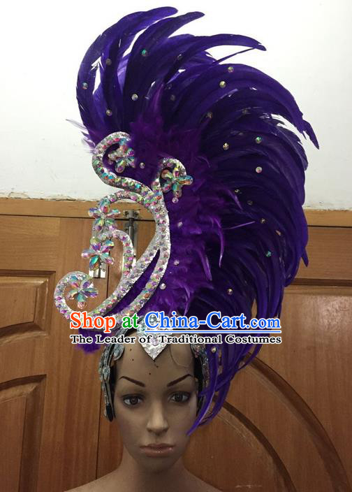 Top Grade Brazilian Rio Carnival Samba Dance Hair Accessories, Halloween Parade Giant Purple Feather Headpiece for Women