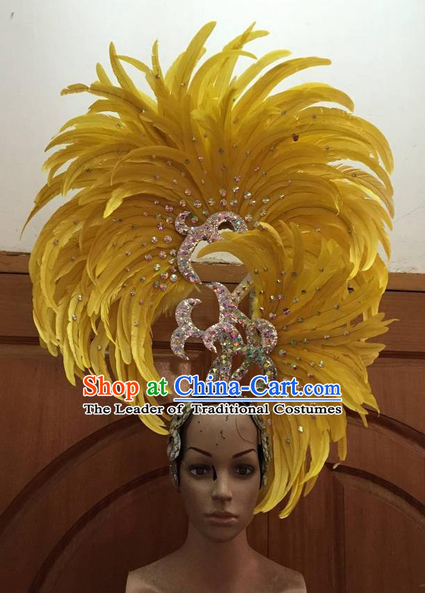 Top Grade Professional Stage Show Halloween Parade Big Hair Accessories, Brazilian Rio Carnival Samba Dance Modern Fancywork Yellow Feather Giant Headpiece for Kids
