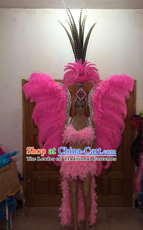 Top Grade Professional Performance Catwalks Costume Pink Feather Bikini and Wings, Traditional Brazilian Rio Carnival Samba Dance Modern Fancywork Swimsuit Clothing for Women