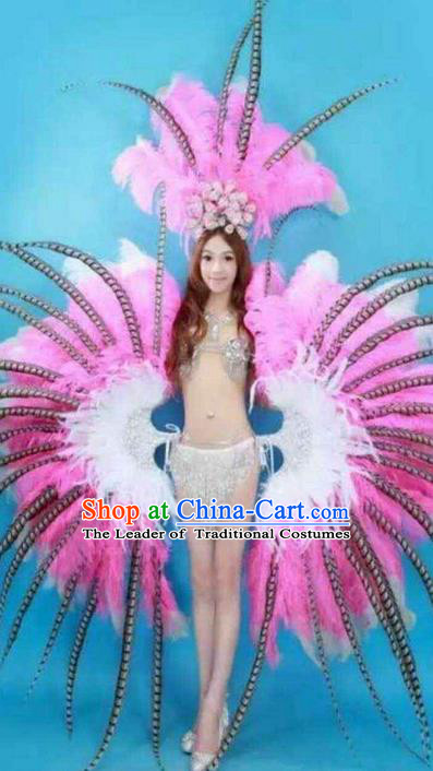 Top Grade Professional Performance Catwalks Costume Pink Feather Bikini and Headpiece Wings, Traditional Brazilian Rio Carnival Samba Dance Modern Fancywork Swimsuit Clothing for Women