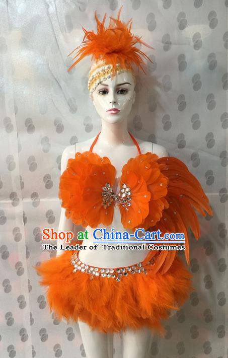 Top Grade Professional Performance Catwalks Costume Bikini and Headpiece, Traditional Brazilian Rio Carnival Samba Dance Modern Fancywork Orange Swimsuit for Women