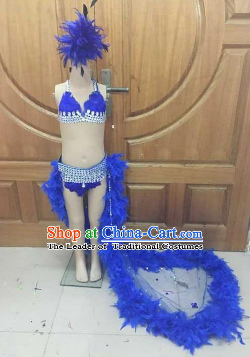 Top Grade Professional Performance Catwalks Costume Blue Feather Bikini, Traditional Brazilian Rio Carnival Samba Dance Modern Fancywork Clothing and Headpiece for Kids