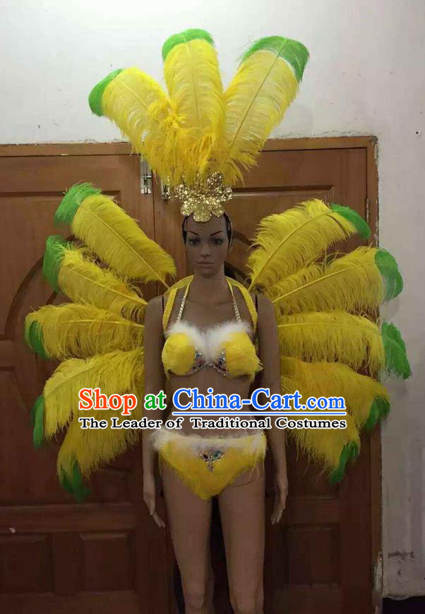 Top Grade Professional Performance Catwalks Costume Yellow Feather Bikini with Wings, Traditional Brazilian Rio Carnival Samba Dance Clothing and Headpiece for Women