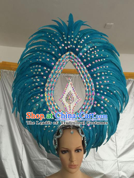 Top Grade Halloween Parade Hair Accessories Brazilian Rio Carnival Samba Dance Blue Feather Giant Headwear for Women