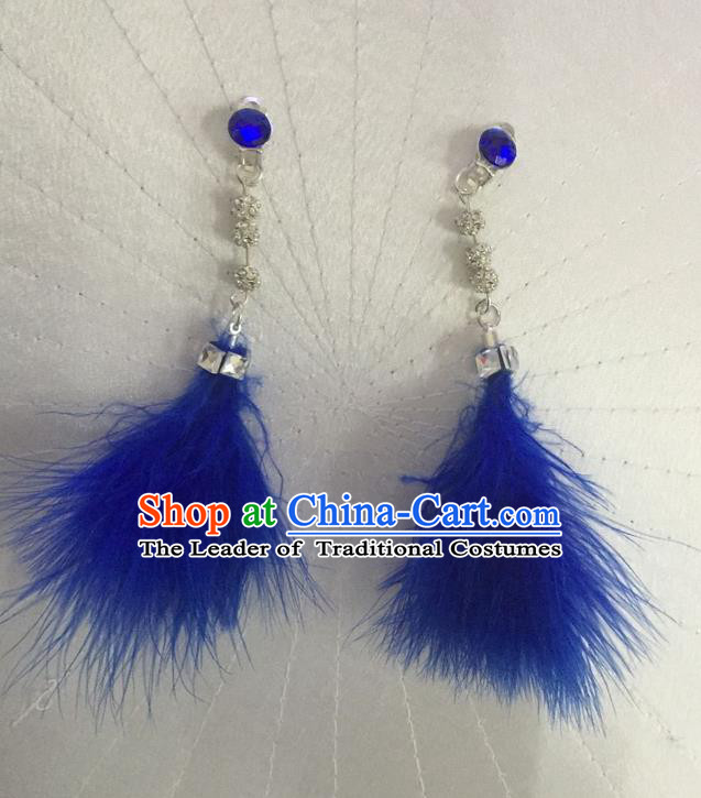 Top Grade Brazilian Rio Carnival Samba Dance Accessories Earrings, Halloween Parade Blue Feather Eardrop for Women