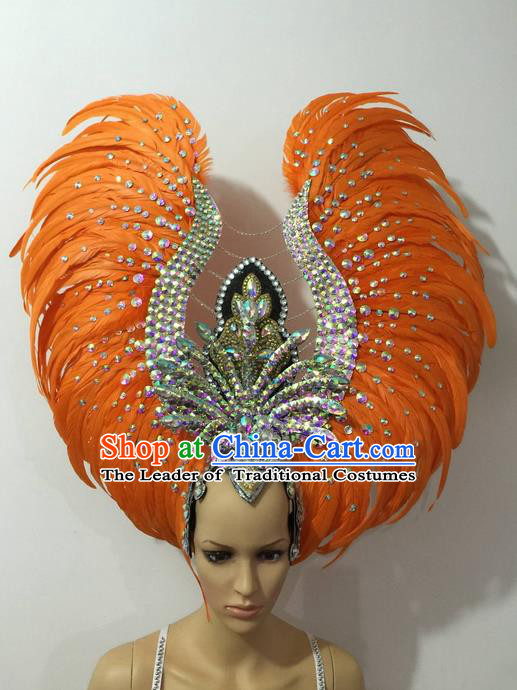 Top Grade Brazilian Rio Carnival Samba Dance Hair Accessories Headwear, Halloween Parade Orange Feather Headpiece for Women