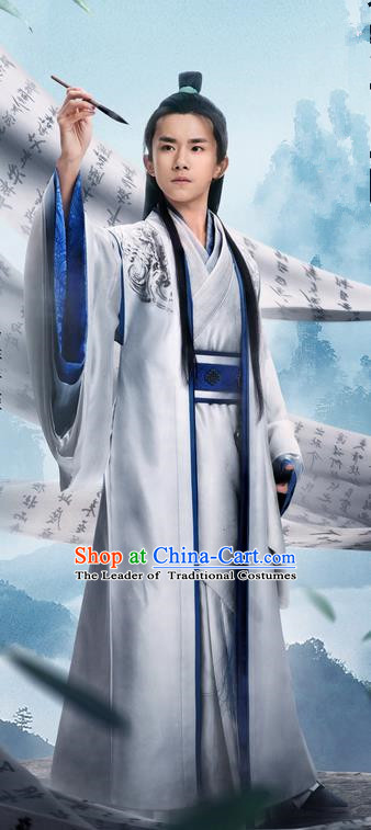 Traditional Chinese Ancient Warring States Time Imperial Prince Costumes, Song of Phoenix Young Scholar Hanfu Clothing and Handmade Headpiece Complete Set