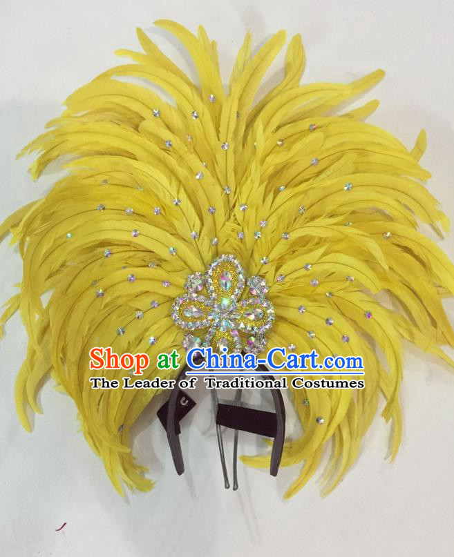 Top Grade Brazilian Rio Carnival Samba Dance Hair Accessories Giant Headpiece Headwear, Halloween Parade Big Yellow Feather Headdress for Women