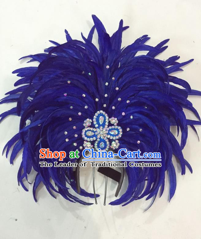Top Grade Brazilian Rio Carnival Samba Dance Hair Accessories Giant Headpiece Headwear, Halloween Parade Big Royalblue Feather Headdress for Women
