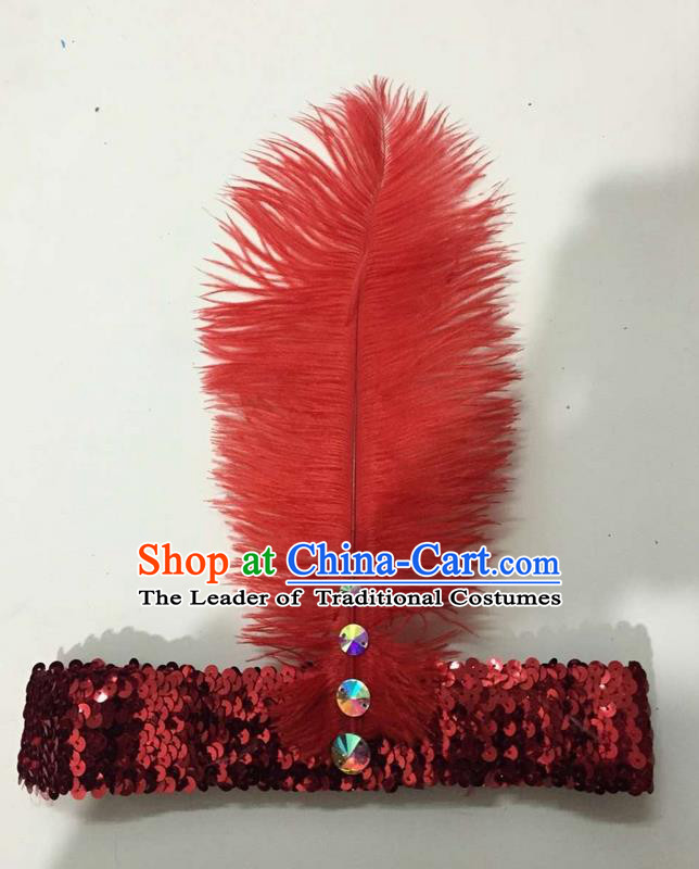 Top Grade Brazilian Rio Carnival Samba Dance Red Feather Hair Accessories Headpiece, Halloween Parade Crystal Headwear for Women