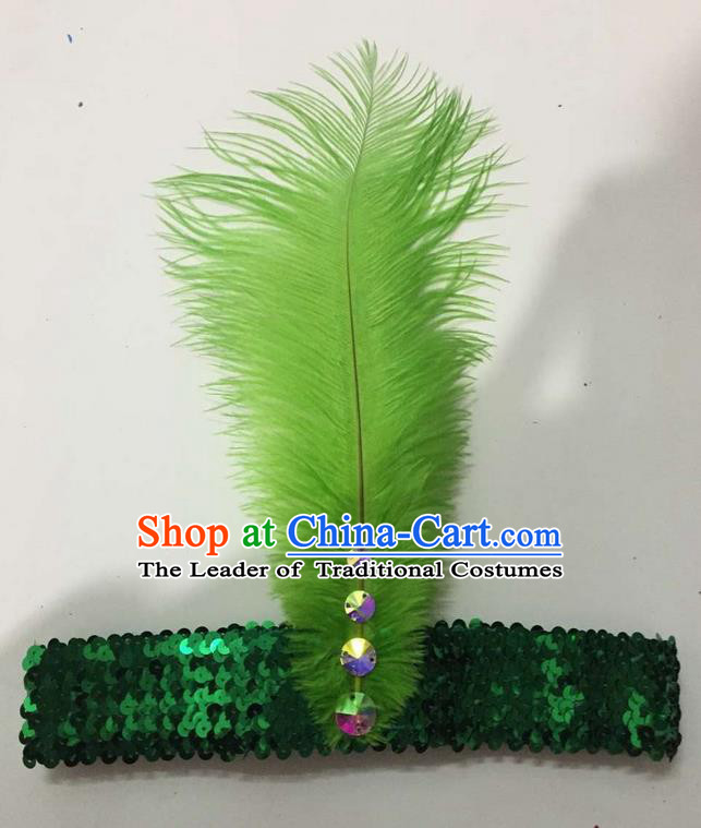 Top Grade Brazilian Rio Carnival Samba Dance Green Feather Hair Accessories Headpiece, Halloween Parade Crystal Headwear for Women