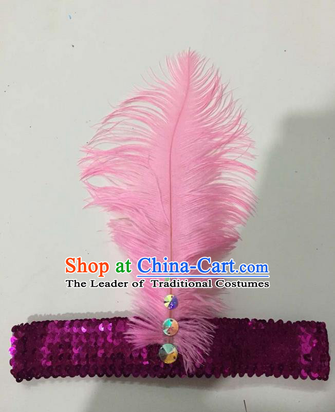 Top Grade Brazilian Rio Carnival Samba Dance Pink Feather Hair Accessories Headpiece, Halloween Parade Crystal Headwear for Women